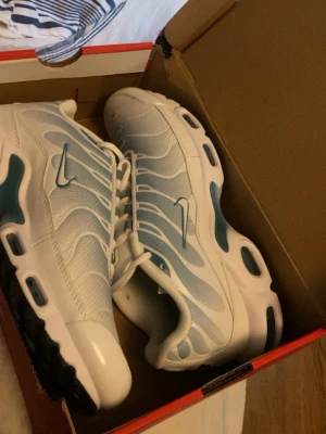 Nike Air Max Plus vita/blå sneakers - Pris kan diskuteras Nike Air Max Plus sneakers i vitt mesh med blå detaljer och svarta inslag på sulan. Klassisk TN-design med synliga luftbubblor och vågigt mönster på ovandelen. Swoosh-logga på sidan och bekväm, vadderad krage. Perfekta för dig som gillar streetwear.