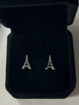 Eiffeltorn silver örhängen - Säljer ett par örhängen i form av Eiffeltornet. De är silverfärgade och har en stilren, minimalistisk design