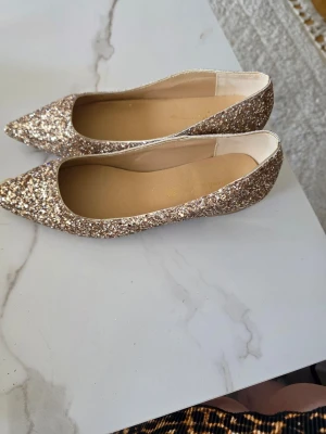 Glittriga spetsiga ballerinaskor - Säljer ett par ballerinaskor med spetsig tå i guldglittrigt material. Skorna har en låg profil och är täckta av små glittrande paljetter som ger en festlig look. Insidan är beige och de har en klassisk ballerinamodell utan remmar.