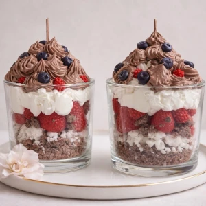 Dekorativa dessertljus i glas med doft  - Handgjord jus i glas som ser ut som lyxiga dessert med lager av brun, vit vax, toppade med detaljer som liknar chokladgrädde, bär. Perfekt som dekoration eller present till någon som gillar unika inredningsdetaljer. Pris: 150kr/styck