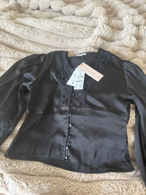 Svart blus med spetsdetaljer från Gina 14+ - Stilren svart blus från gina14+ med lång ärm och v-ringning. Blusen har dekorativa spetsdetaljer längs ringningen och knappar framtill. Materialet är glansigt och ger en elegant känsla. Perfekt för dig som vill ha en chic och trendig look.