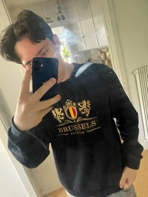 Mörkblå stickad tröja  - Mörkblå stickad tröja med tryck i guld och rött framtill. Motivet visar ett vapensköld-liknande emblem och texten 'BRUSSELS BELGIUM'. Tröjan har rund halsringning och långa ärmar. Perfekt för dig som gillar streetwear och vill ha något unikt. Ingenting är fel med den, är riktigt bra. Passar för tonåringar, 12-15 årsåldern. Köpte den i Belgien för runt 42-45 euros. 