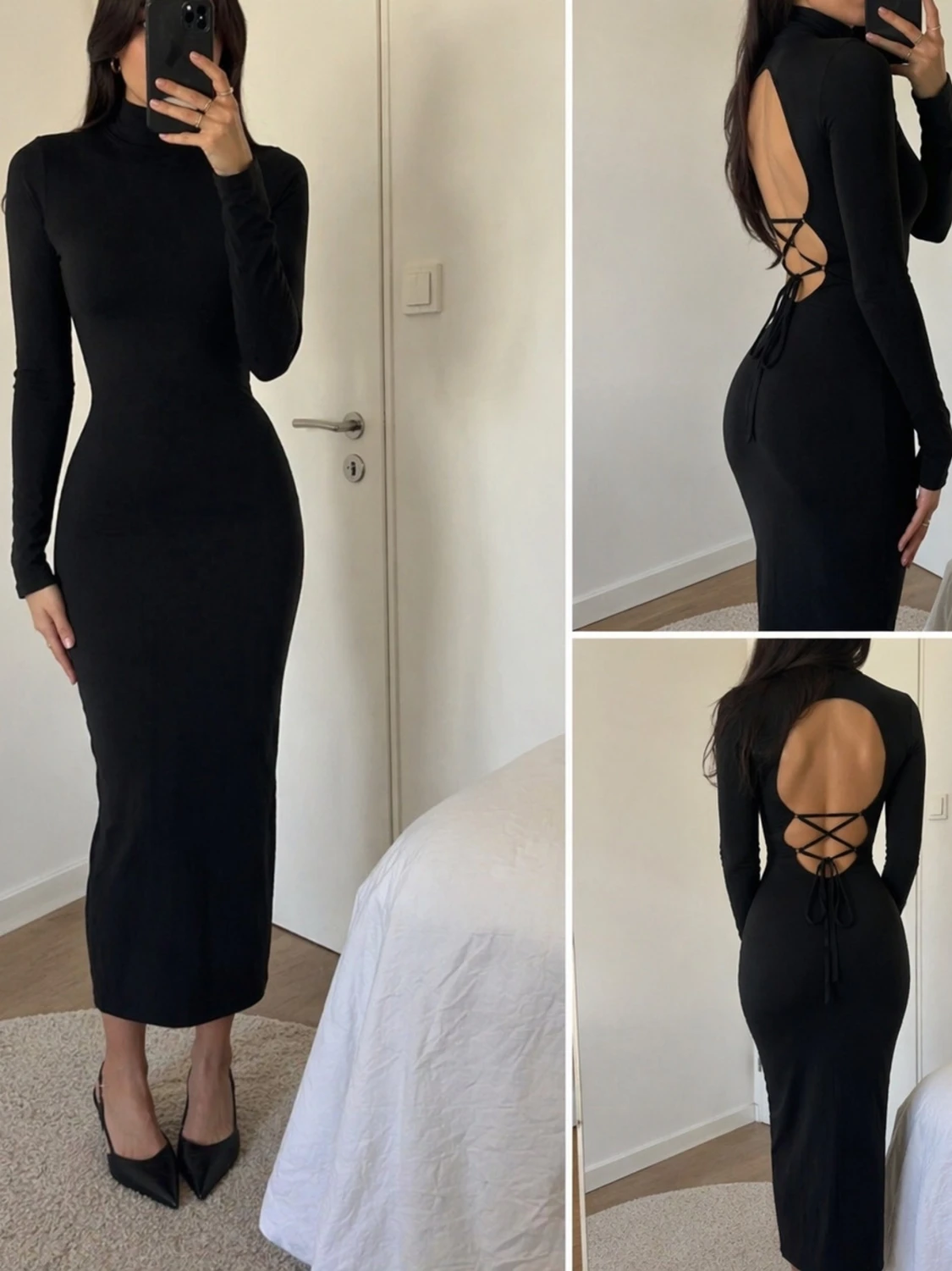 Svart långärmad midiklänning med öppen rygg