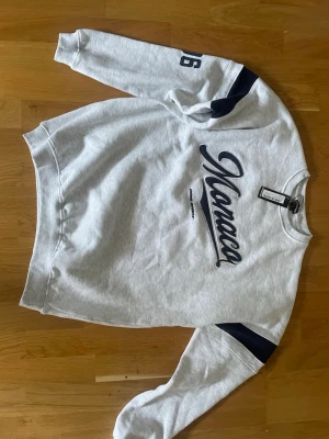 Grå sweatshirt Monaco print - Snygg grå sweatshirt från boohoo  med stort blått 'Monaco' tryck på bröstet och marinblå detalj på ärmen. Mjuk bomullsblandning och sportig look med siffran 96 på ena ärmen. Perfekt för en avslappnad streetstyle.