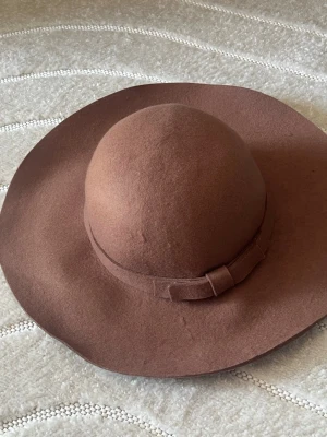 Brun bredbrättad filthatt - Säljer en snygg brun filthatt med breda brätten och ett dekorativt band runt kullen. Hatten har en klassisk form och är tillverkad i mjukt filtmaterial som ger en stilren och trendig look.