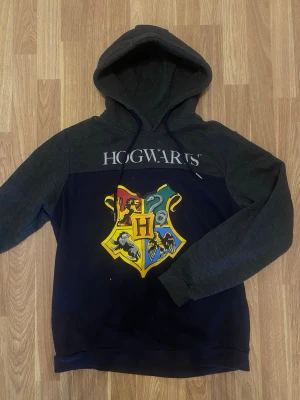 Harry Potter Hogwarts hoodie - Mörkgrå och mörkblå hoodie med Hogwarts-emblem och texten 'Hogwarts' på bröstet. Gryffindor, Slytherin, Hufflepuff och Ravenclaw-loggor i färg framtill. Mjuk bomullsblandning och dragsko i huvan. Perfekt för alla Harry Potter-fans!