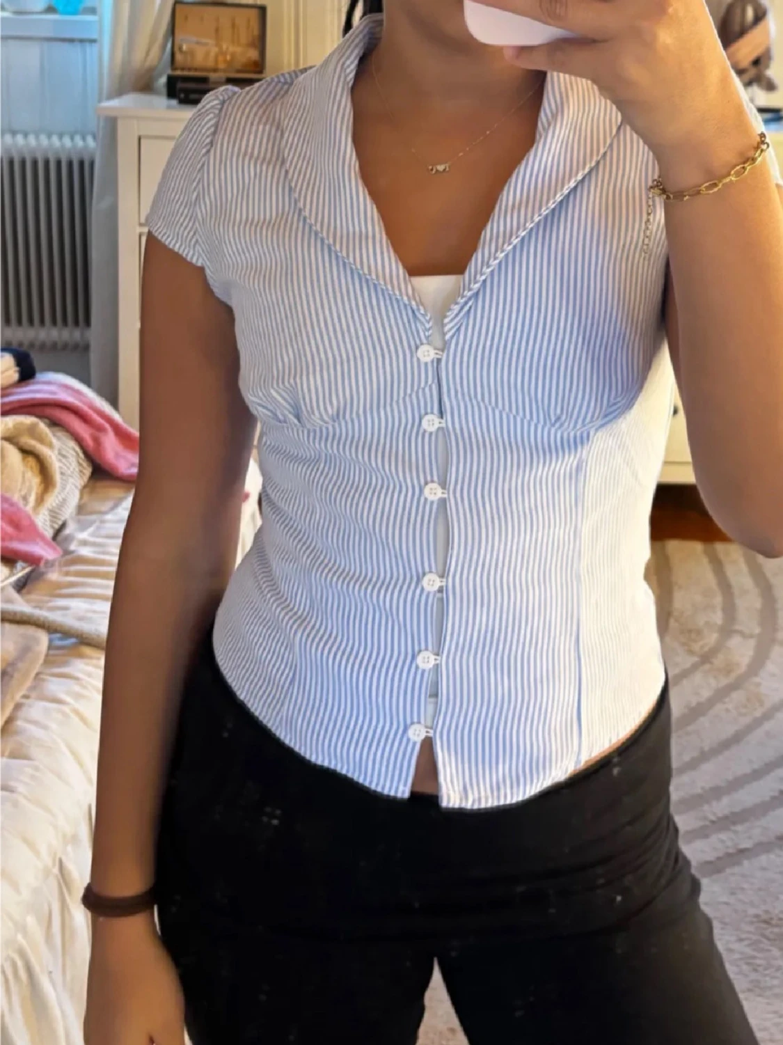 Randig blåvit blus med knappar - 1