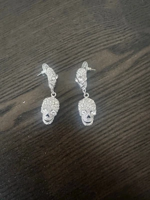 Rock by Sweden örhängen  - Säljer ett par coola silverfärgade örhängen med döskallemotiv, täckta av gnistrande stenar som ger en riktigt edgy look. Örhängena är hängande och har detaljerade former med små kristaller som täcker hela ytan. Perfekt för dig som gillar att sticka ut.