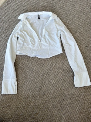 Vit croppad blus med krage - Säljer en vit croppad blus från H&M med klassisk krage och djup v-ringning. Blusen har långa ärmar och är tillverkad i ett lätt bomullsliknande material. Perfekt för att skapa en trendig och stilren look.