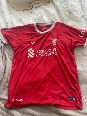 Liverpool matchtröja Nike röd - Säljer en röd Liverpool FC matchtröja från Nike med vita detaljer och klubbmärke broderat på bröstet. Tröjan har sponsorlogga framtill och är tillverkad i lätt, ventilerande material. Perfekt för fotbollsträning eller att bära på matchdag. Storlek S / 164, den är i bra men använt skick, lite små sliten här o var men inget super märkbart. 