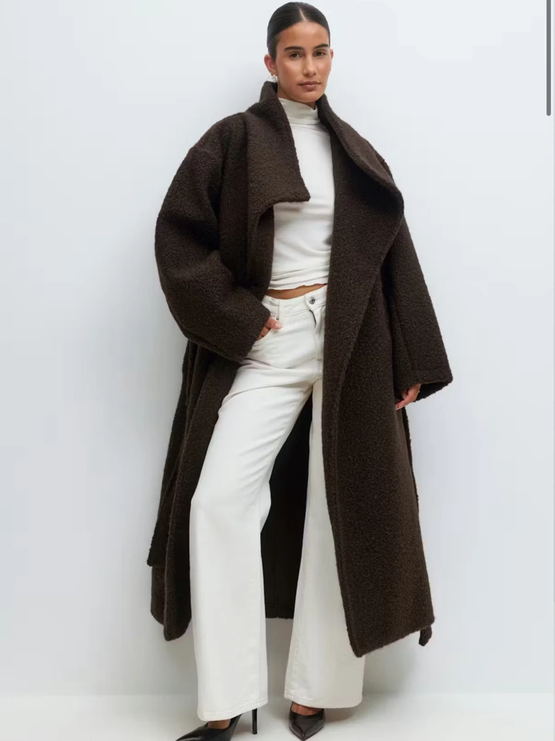 Mörkbrun lång kappa med bälte - 1