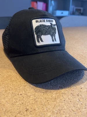 Svart truckerkeps Black Sheep - Säljer en svart truckerkeps med mesh baktill och justerbart spänne. Framtill sitter en patch med texten 'BLACK SHEEP' och en illustration av ett svart får. Kepsen har böjd skärm och klassisk form. Perfekt för dig som vill sticka ut lite extra.