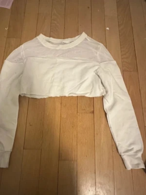 Vit croppad långärmad topp - Snygg vit croppad topp med lång ärm och transparent meshparti upptill. Aldrig använd! Perfekt skick. (Säljer även på vinted)