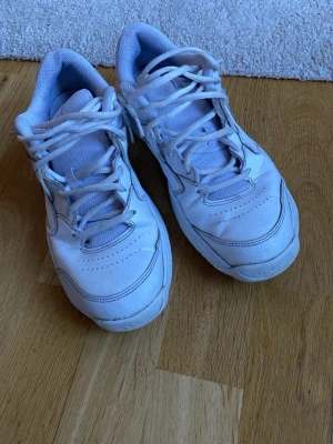 Nike skor  - Säljer ett par vita Nike skor . Skorna har ovandel i både mesh och syntetiskt skinn, samt vita snören och perforerade detaljer för ventilation. 