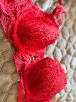 Röd spets-bh med bygel hunkemöller - Snygg röd bh med vadderade kupor och bygel. Bh:n har vackra spetsdetaljer över hela framsidan och tunna axelband. Materialet är en kombination av spets och mesh som ger en feminin och elegant look.