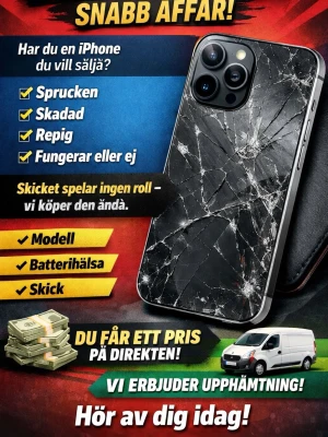 Köper alla iphone/samsung  - Säljer en iPhone med svart framsida och trasig glasskärm. Telefonen har rundade hörn och tre kameror på baksidan i ett fyrkantigt kamerahus. Klassisk Apple-design i metall och glas, perfekt för dig som vill fixa eller använda reservdelar.