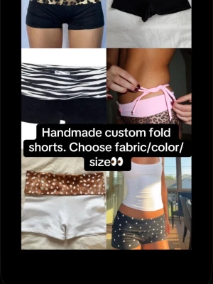 Custom fold shorts  - Bilderna i denna annons är endast för INSPIRATION. Köp inte denna produkt direkt! Jag planerar att börja sy specialdesignade shorts med uppvikt kant (fold shorts), där DU får välja tyg och färg på den uppvikta delen. Varje par kommer att vara handgjorda och skräddarsydda efter beställning, speciellt för dig. Du kan välja: • Tyg (mönster/material) • Färg • Storlek: Från XXS till XL Produktionstid: 2–3 veckor. Är du intresserad? Om detta låter som något för dig, skicka gärna ett meddelande!