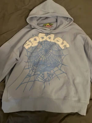 Ljusgrå hoodie från Sp5der - Ljusgrå hoodie från Sp5der med stor blå spindelnätsgrafik och vit 3D aktig text på bröstet. Klassisk passform med huva och ribbade muddar. Perfekt för dig som gillar streetwear och vill sticka ut med en unik design.