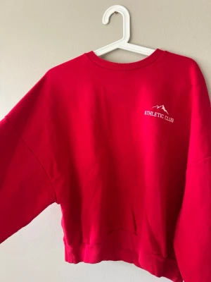 Röd sweatshirt från Nelly - Säljer en jättesnygg oversized sweatshirt från Nelly med vitt tryck och bergmotiv på bröstet. 