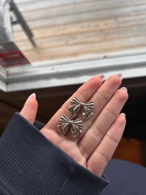 Silvriga rosettörhängen - Säljer ett par örhängen i form av rosetter i silverfärgad metall. De har en glansig finish och en söt, detaljerad design som verkligen sticker ut. Perfekta för dig som vill ha något gulligt och trendigt till din look.