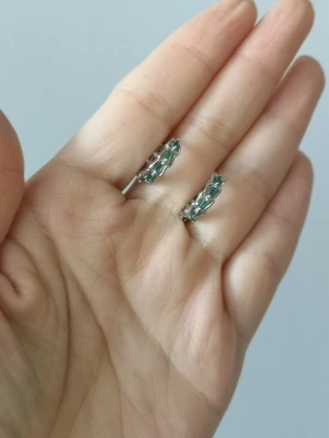 Silverörhängen med gröna stenar - Säljer ett par snygga små hoops i silverfärg med rektangulära gröna stenar infattade längs hela örhänget. De har en modern och stilren design som verkligen sticker ut. Perfekta för dig som gillar färg och vill ha något unikt i smyckeskrinet.
