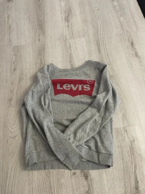 Grå sweatshirt från Levi's - Säljer en grå sweatshirt från Levi's med det klassiska röda logotrycket på bröstet. Tröjan har rund halsringning och ribbade muddar vid ärmslut och nederkant. Perfekt för en avslappnad och stilren look.