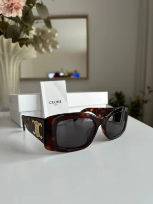 Céline Triomphe XL 01 Acetate - Helt oanvända Celine Triomphe XL solglasögon med tillhörande förvaringspåse, rengöringsduk, fordralväska i läder med band som bärs runt handleden (kan användas som liten handväska) med Céline-emblen på, samt förvaringslåda. Nypris 5310 SEK.