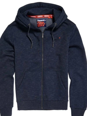 Mörkblå zip hoodie från Superdry - Mörkblå hoodie från Superdry med dragkedja framtill, justerbar huva med snören och två stora fickor. Tillverkad i mjukt bomullsmaterial med diskret logga på bröstet och orange detalj på ärmen. Perfekt för en avslappnad och stilren look.