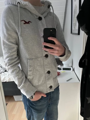 Vintage Hollister Hoodie med knappar - Säljer nu denna otroligt snygga vintage Hollister cardigan i färgen grå. Tröjan är i skick 9/10. Hoodien är i storlek M och modellen på bilden är 183 och väger 67 kilo.  Priset är inte hugget i sten. Skriv om ni har mer funderingar 😊