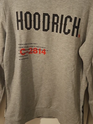 Grå hoodie från Hoodrich - Snygg grå hoodie från Hoodrich med stor svart logga på bröstet och tryck i svart och rött framtill. Hoodien har klassisk passform och är tillverkad i mjukt bomullsmaterial. Perfekt för en streetwear-look och passar till jeans eller joggers. Säljer den för den kom inte till så mycket användning nästan ny