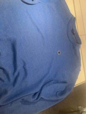 Blå crewneck från Champion - Blå sweatshirt från Champion med klassisk rund halsringning och liten broderad logga på bröstet. Tröjan har en enkel och stilren design, perfekt för en avslappnad look. Materialet är mjukt och bekvämt.