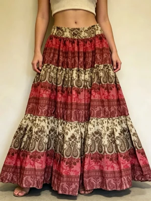 Bohemisk långkjol i rosa och beige - Säljer en bohemisk långkjol med volanger i rosa, beige och bruna toner. Kjolen har ett blommigt och paisley-inspirerat mönster i flera lager och är gjord i ett lätt och luftigt bomullstyg. Perfekt för dig som gillar en avslappnad och färgstark stil. Aldrig använd. Storlek XXS/XS (midjemått 66 cm, full längd 96 cm)