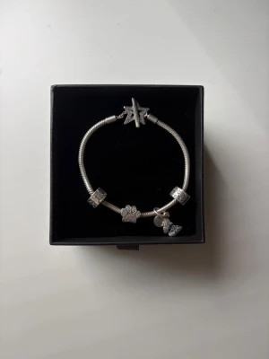 Pandora Armband - Säljer ett fint Pandora armband i silver med flera vackra berlocker, bland annat en tass med stenar, en blå emaljerad fjäril med texten “One of a Kind”, två clips och ett dekorativt stjärnlås. 