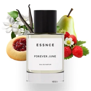 ESSNCE Forever June Eau de Parfum - Doften öppnar med smultron, röda bär och päron som ger en saftig och bärig känsla direkt från start. Till skillnad från en klassisk jordgubbsnot så ger smultronet en söt och lätt syrlig doft med gröna, lite bladiga inslag – somrigt, naturligt och luftigt! I hjärtat möts ännu mer smultron tillsammans med hallongrotta, jasmin och päronblomma som tillför både sötma och balanserad blommighet. Basen rundar av med vanilj och mysk som ger en varm och mjuk känsla som stannar kvar länge på huden.