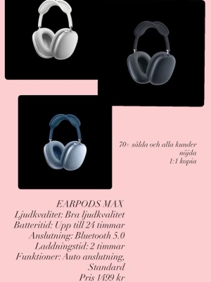 Earpods Max trådlösa hörlurar - Snygga over-ear hörlurar i modern design, finns i vitt, svart och blått. Trådlösa med Bluetooth 5.0, upp till 24 timmars batteritid och laddas på 2 timmar. Mjuka öronkuddar och justerbart huvudband för skön passform. Perfekta för musik, gaming eller videos.