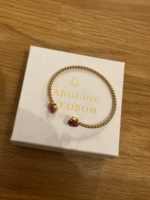 Guldfärgat armband Caroline Svedbom - Snyggt guldfärgat armband från Caroline Svedbom med tvinnad design och två rosa hjärtformade kristaller i ändarna. Perfekt accessoar för att lyfta din outfit med lite extra färg och glans.