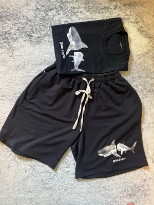 Palm Angels svart set med hajmotiv - Snyggt svart set från Palm Angels med matchande t-shirt och shorts. Båda plaggen har ett coolt hajmotiv i grått och vitt samt Palm Angels-loggan tryckt. Shortsen har vit dragsko i midjan och avslappnad passform. Perfekt för dig som gillar streetwear och unika prints. Storleken på tröjan är XL men sitter som en L och shortsen är L