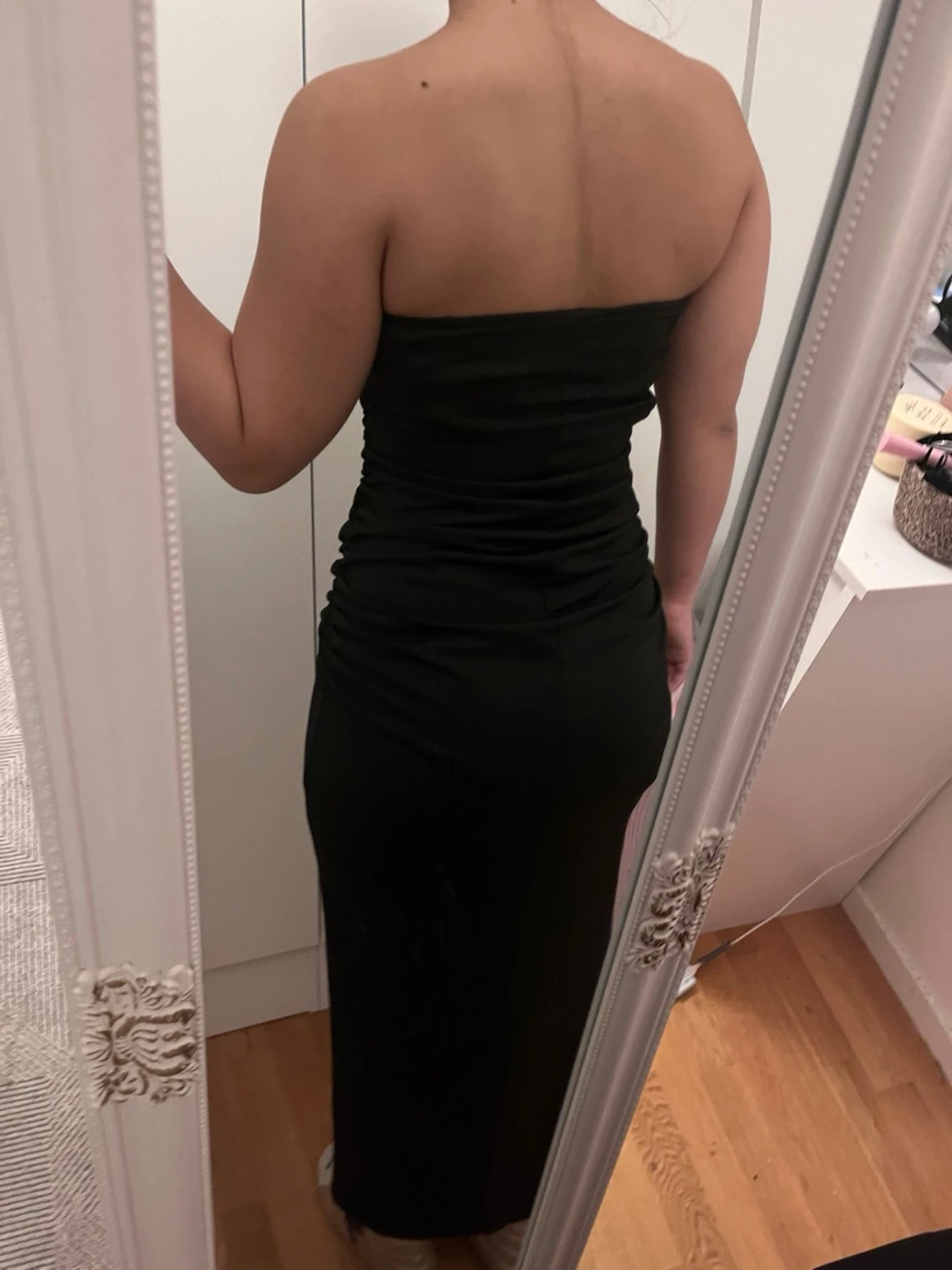 Grå+svart axelbandslös långklänning - 5