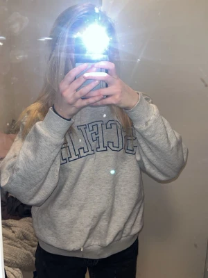 Grå collegehoodie med tryck - Säljer en grå oversized collegehoodie med stort tryck i blått över bröstet. Hoodien har rund halsringning, ribbade muddar vid ärmslut och nederkant samt en avslappnad passform. Perfekt för en chill och casual stil.