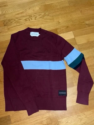 Vinröd Calvin Klein tröja med blå rand(och lite grönt) - Vinröd tröja från Calvin Klein med en bred ljusblå rand över bröstet och ena ärmen. På ärmen finns även en mörkblå och en grön detalj. Tröjan har rund hals. Stilren och elegant.