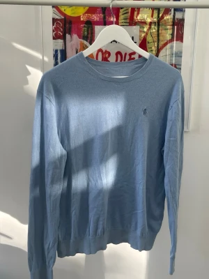 Ljusblå tröja från Ralph Lauren - Ljusblå långärmad tröja från Ralph Lauren med rund halsringning och diskret broderad logga på bröstet. Tröjan är tunnstickad och har ribbade muddar vid ärmslut och nederkant. Perfekt för en stilren och avslappnad look.