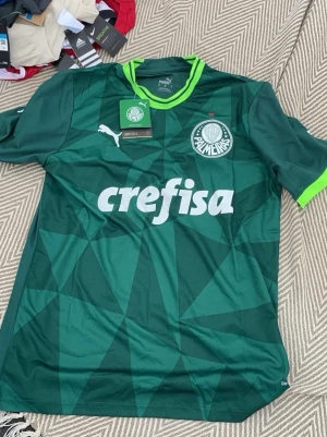 Grön Palmeiras matchtröja Puma - Snygg grön matchtröja från Palmeiras med geometriskt mönster, klubbmärke på bröstet och vit Puma-logga. 