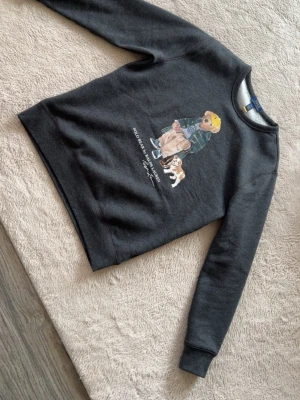 Mörkgrå Polo Bear sweatshirt Ralph Lauren - Säljer en mörkgrå sweatshirt från Ralph Lauren med det ikoniska Polo Bear-motivet framtill. Tröjan har rund halsringning, långa ärmar och mjukt material. Perfekt för dig som gillar streetstyle och klassiska märken. Storleken är i barn L ~ 14-16 år 