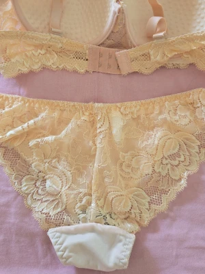 Ljusgult spetsunderklädesset - Sött set med bh och trosor i ljusgul spets. Bh:n har vadderade kupor, justerbara axelband och hakknäppning bak. Trosorna har spetsdetaljer och en liten rosett framtill. Båda plaggen har blommigt spetsmönster och mjuk känsla. Perfekt för dig som gillar romantisk stil.