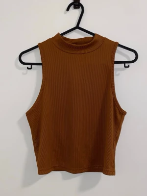 Ribbad brun ärmlös linnetopp - Snygg ribbad brun linnetopp med hög hals och ärmlös design. Perfekt att matcha med jeans eller kjol för en trendig look. Toppen har en croppad passform och är tillverkad i ett mjukt, stretchigt material.
