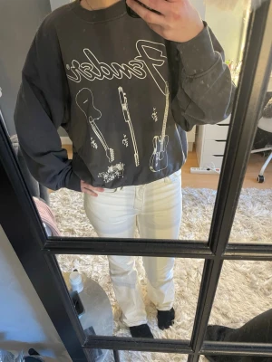 Svart h&m sweatshirt med gitarrtryck - Cool svart sweatshirt från Fender med stort vitt tryck av olika gitarrer och Fender-loggan på framsidan. Tröjan har rund hals, ribbade muddar och avslappnad passform. Perfekt för dig som gillar musik och vill ha en streetwear-vibe. Använd få gånger. Köpte för ett år sedan Ej bra pris,, skriv till mig
