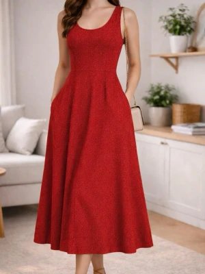 Röd ärmlös långklänning med knappar. Storlek M. - Snygg röd långklänning med ärmlös design och rund halsringning. Klänningen har en öppen soppskärning i ryggen och dekorativa knappar. Perfekt för dig som vill ha en enkel men ändå unik look.