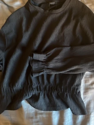 Svart långärmad topp från Amisu - Svart långärmad topp från Amisu med crinklad struktur och rund halsringning. Modellen har resår i midjan för en snygg passform och är tillverkad i ett lätt och bekvämt material. Perfekt att styla med jeans eller kjol.