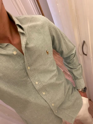 Grön Skjorta från Ralph Lauren (Slim Fit) - Klassisk ljusgrön skjorta från Polo Ralph Lauren med broderad logga på bröstet. Skjortan har lång ärm, knappar framtill och button-down krage. Tillverkad i mjuk bomull, perfekt för en stilren look. Storlek Medium Slim fit. Snabb Leverans!