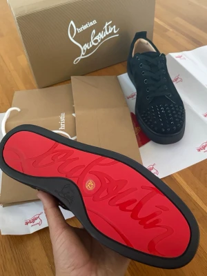 Svarta Christian Louboutins - Svarta Christian Louboutins med ikonisk röd sula och spikar på tån. Perfekta för dig som vill sticka ut med en lyxig och edgy stil. Storlek 42. Skriv om ni har mer frågor!